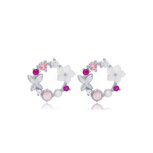 Boucles d'oreilles clous CZ multicolores roses motif fleur fraîche nacre faites à la main turques en gros bijoux en argent sterling 925 - Product Image 5