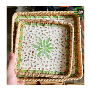 Plateau de service en rotin naturel écologique avec mosaïque de nacre, plateau fait à la main pour une décoration durable, incrustation pour l'exportation - Product Image 3