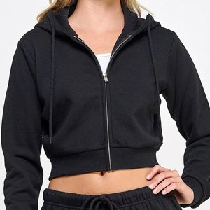 Sweat à capuche court décontracté pour femmes avec logo personnalisé en gros 100% coton tricoté avec fermeture éclair noir uni anti-rétrécissement - Product Image 6