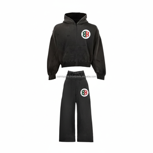 High quality 370 GSM warm <b>brushed</b> fleece cotton polyester black tracksuit hoodie and jogger set custom logo Tracksuit - Product Image 1