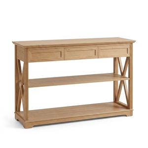 Mesa Consola Moderna de Madera de Roble Natural con 3 Cajones y 2 Estantes Abiertos, Mesa Auxiliar con Estructura en X para Entrada, Sofá o Sala de Estar - Product Image 2