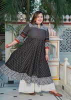 Ensemble 2 pièces pour femme, Kurti Anarkali imprimé Ikat en coton, grande taille, couleur noire, coupe régulière, tissu doux, élégant, pour tous les jours et occasions formelles