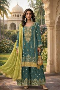 Traje Anarkali de tres piezas en tela de seda Chinnon con bordados elaborados y trabajo con hilos, ideal para bodas y fiestas, en venta. - Product Image 4