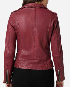 Chaqueta de Motociclista Roja para Mujer, Nueva Colección 2025, Piel de Oveja Genuina, Botones, Cierre, Forro de Seda Impermeable, Corta, para Invierno - Product Image 6