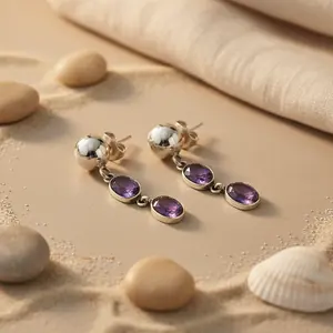 Boucles d'oreilles pendantes en argent 925 pour femmes avec améthyste, style pendantes tendance - Product Image 3