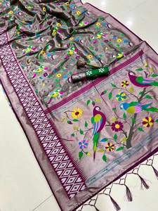 ผ้าไหมกันชีปุรัม ชุดส่าหรีสำหรับผู้หญิง งานปาร์ตี้ งานแต่งงาน ดีไซน์ใหม่ล่าสุด ปาทานี ปาโตลา ขอบผ้าตัดกัน ลายเมนน่า ซารี พร้อมผ้าพัลลูที่ถักลาย  มีสินค้าพร้อมส่ง - Product Image 4