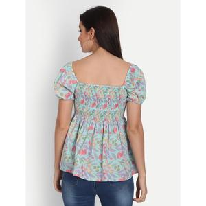 Blusa de Algodón con Estampado Floral Azul Claro, Cuello con Volantes, Manga Media, Estilo Occidental Formal, Viscosa Rayón, Talla XL, Corta, para Primavera y Otoño - Product Image 4