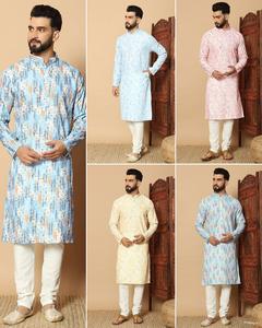 Pyjama Kurta en lin de qualité lourde ethnique indien pour hommes vêtements traditionnels imprimés broderie séquence travail pakistanais - Product Image 6
