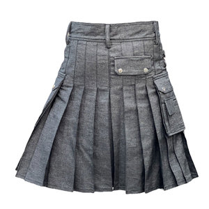 Kilt utilitaire en denim gris pour homme, style écossais, devant uni, poches cargo, kilt en gros 2026 - Product Image 3