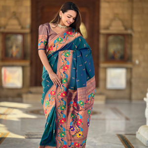 Diseñador Paithani Seda Saree Con Zari Tejido Meenakari Motivos Diseño - Product Image 1