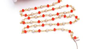 Handmade Coral Pearl Beads Rosary <b>Chain</b> 3mm Round Charm <b>Chain</b> Gold Plated Wire Wrapped Natural Gemstone Beaded <b>Chain</b> Jewelry - Product Image 5