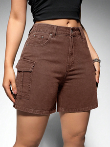 Shorts vaqueros vintage estilo cargo para mujer, color marrón, cintura alta, caqui, chocolate haze, con dobladillo sin rematar, pierna recta. - Product Image 5