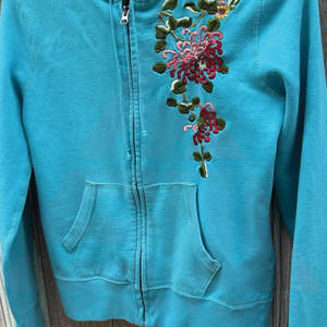 Soft Cotton Blend Casual <b>Women's</b> <b>Hoodie</b> with 3D Floral Embroidery Vibrant <b>Blue</b> Front Logo - Product Image 3