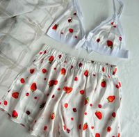 Ensemble de bralette en coton imprimé fraises pour femme avec dentelle, culotte shorty sans armatures, respirant et confortable