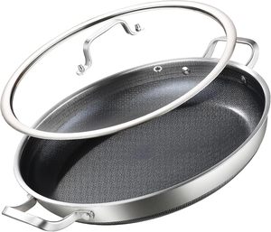 Poêle à Frire Professionnelle 38 cm en <span class=keywords><strong>Acier</strong></span> Inoxydable Triple Couche Antiadhésive Nid d'Abeille avec Couvercle, Compatible Induction, Poêle à Sauteuse Hybride, Fabrication OEM - Product Image 1