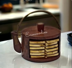 Handmade Wooden Tea Coffee Round Wooden Coaster <b>Set</b> of 6 With Kattle Shape Brass & Wood Stand Elegant Handicraft Dinnerware - Product Image 3