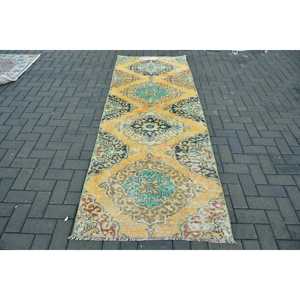 3.2x8.6 ft Vintage Rug, Turkish Runner Rug, <b>Yellow</b> Green Plants & trees Rug - Product Image 1