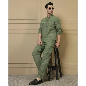 Amanush <b>Men's</b> Green Plaid Cotton Kurta Pant Set Mandarin Collar Full Sleeve Casual Summer Wear Breathable 2 Piece Set - Product Image 1