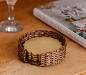 <b>Set</b> of Four Elegant Artisan Craft Eco-Friendly Modern Round Brass <b>Coasters</b> <b>with</b> <b>Holder</b> Mats & Pads - Product Image 1