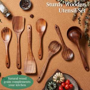 Ensemble d'ustensiles de cuisine en bois naturel écologiques, best-seller, cuillères à long manche, design moderne, résistant à la chaleur, export en vrac - Product Image 2