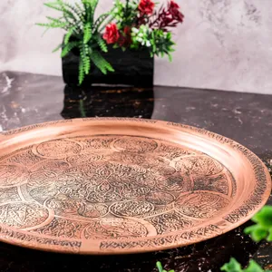 ถาดเสิร์ฟทองแดงทรงกลมทำด้วยมือแบบโบราณสำหรับงานเลี้ยงและงานปาร์ตี้ดีไซน์แบบดั้งเดิมสำหรับขนมชาและของตกแต่งโต๊ะ - Product Image 5