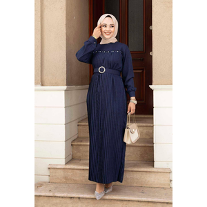 Robe Hijab Longue Plissée Détail Pierre Bleu Marine - Product Image 1