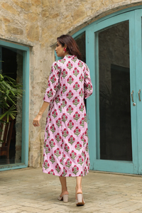 ODM/OEM Wholesale Cotton Fabric <b>Block</b> <b>Printed</b> Vintage Summer Casual Maxi Pockets Long Sleeves Tie Strengthening Note Button Fits - Product Image 2