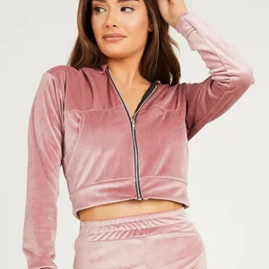 Plain Pink Color Zipper Up Wholesale Velvet Hoodie Crop top Gym Slim Fit Workout Hot Selling Fashion Hooded For Ladies