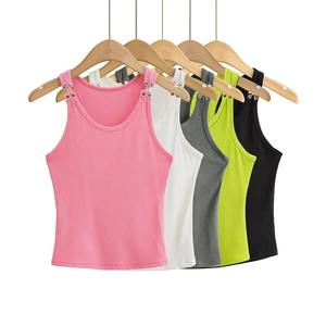 American Style Fashion Sexy Short Sleeve <b>Vest</b> <b>Women's</b> Summer Elastic Slimming Solid Color Hook Buckle <b>Vest</b> <b>Top</b> Trendy - Product Image 1