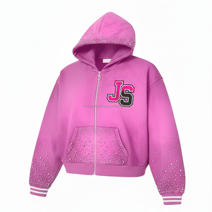 Sweat à capuche zippé en polaire lourde 400GSM sweat à capuche dégradé rose chaud strass design personnalisé logo brodé basique sweats à capuche - Product Image 4
