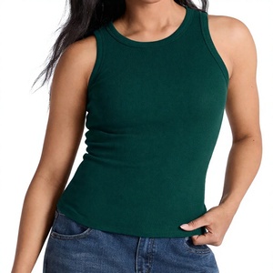 Camiseta sin mangas de punto de algodón/spandex de color liso para mujer, de secado rápido, cuello redondo, informal, verde, largo regular - Product Image 1