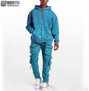 100% coton lavé à l'acide Vintage fermeture éclair vers le haut hommes ensembles personnalisés de haute qualité Design de mode lavage à l'acide survêtements survêtement - Product Image 1