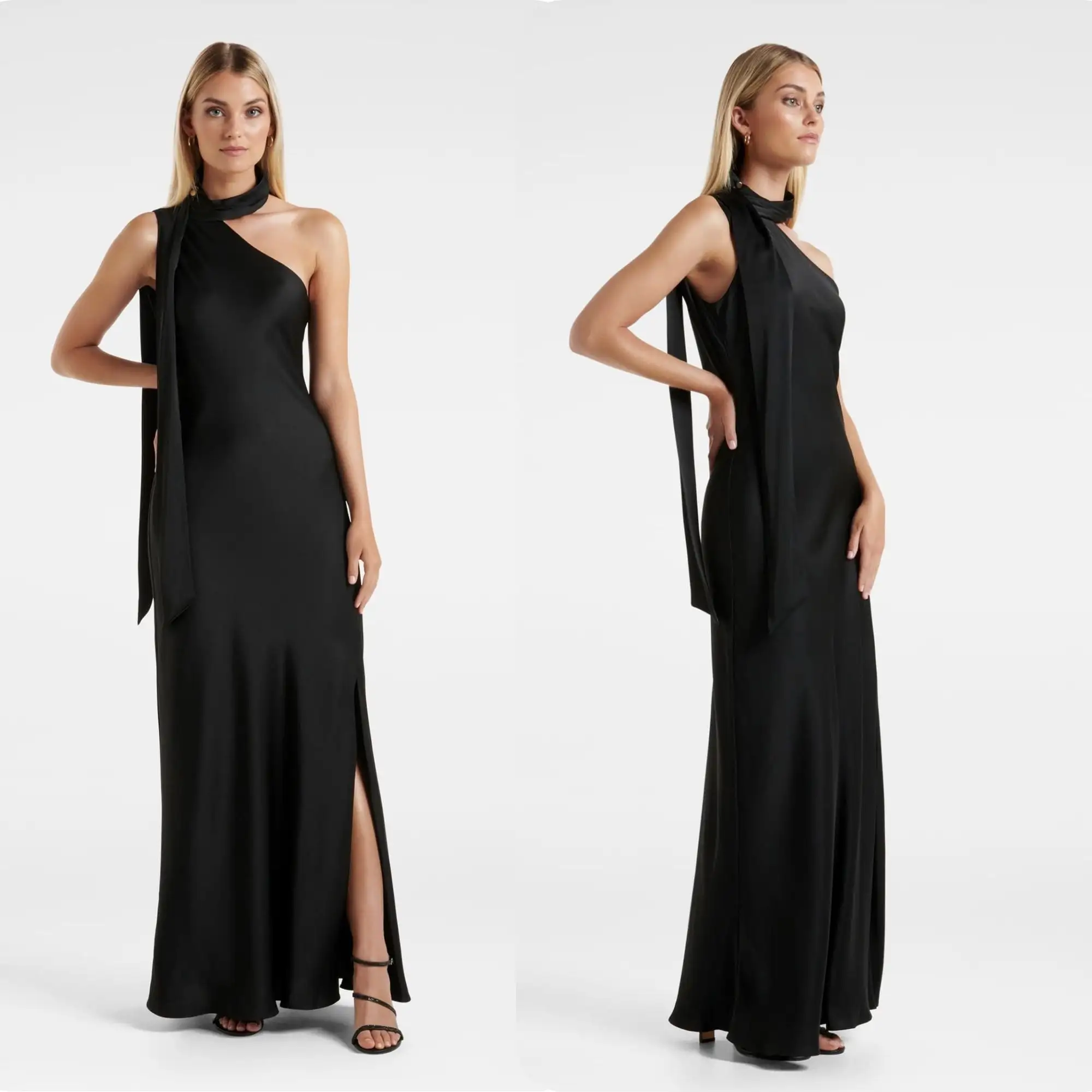 サイドスリットとネックベルトドレスを備えた女性用のエレガントなワンショルダーブラックオケージョンウェアガウン