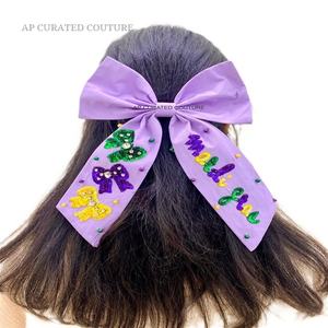 Arcos de cocodrilo de Mardi Gras, lazos hechos a mano con cuentas, arcos de Mardi Gras, lazos de cola de pelo, accesorio para el cabello con cuentas - Product Image 1