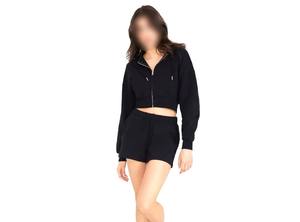 2024 femmes décontracté solide 2 pièces ensembles respirant coton à manches longues sweat à capuche taille élastique Biker Shorts lacé survêtement - Product Image 2