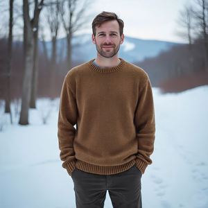 Pull d'hiver pour homme en laine/polyester tricoté, manches longues, col montant, respirant, coupe-vent, poids moyen, logo sur le devant - Product Image 1