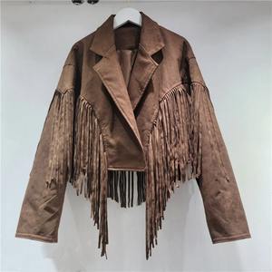 French Style Black Tassel <b>Jacket</b> for <b>Women</b> 2-Button Imitation Leather Long <b>Sleeve</b> Loose Fit Collar Suit with New Design - Product Image 5