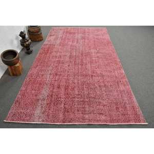 Alfombra turca Vintage moderna de 5x9,5 pies, alfombra de tejido plano rosa, diseño de retazos de lana para decoración para sala de estar, uso de coche, respaldo de látex - Product Image 1