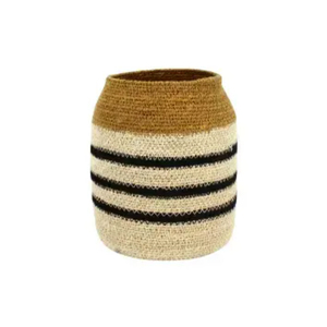 Panier de rangement bohème en jonc de mer tressé avec des rayures jaunes et crème, panier multifonctionnel pour la maison et le salon - Product Image 2