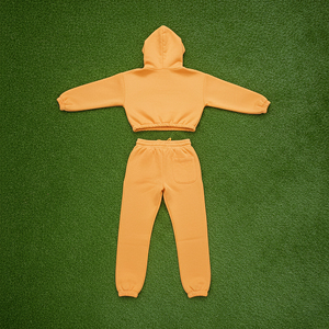 Wholesale Custom Made 100% Cotton French Terry Cropped Pullover Hoodie & <b>Cuffed</b> <b>Jogger</b> Set Breathable Streetwear Blank Sweatsuit - Product Image 4