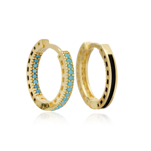Boucles d'oreilles élégantes en argent sterling 925 turc avec pierre turquoise de 15 mm et design en émail noir - Product Image 1