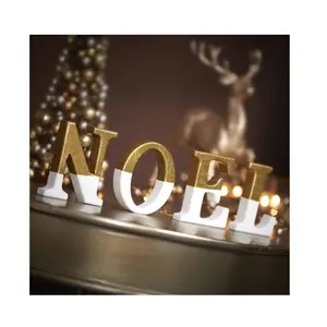 ゴールドとホワイト塗装ノエルカットアウト文字装飾的でユニークなベストセラー木製クリスマスツリー装飾