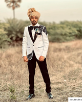 Costume brodé à la main noir blanc et bleu hommes mariage Jodhpuri veste indienne costume de créateur personnalisé costume de garçons d'honneur