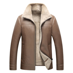 2024 Style hommes en peau de mouton veste en cuir haute rue populaire Simple décontracté Look hiver couleur unie toile fourrure veste prix - Product Image 1