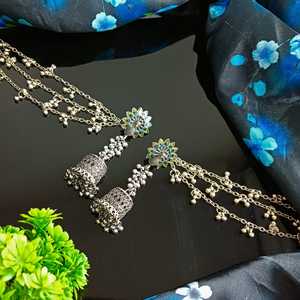 Efulgenz Indien oxydé Jhumka Jhumki boucles d'oreilles paon ensemble avec chaîne d'oreille indien grossiste bijoux pour femmes - Product Image 2