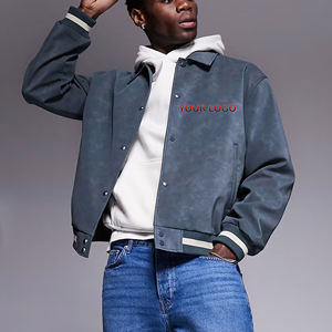 Custom Made Oversize <b>Denim</b> Effect Baseball Letterman <b>Jacket</b> for man Turn-Down Collar Fashionable Hip hop College Varsity Style - Product Image 4