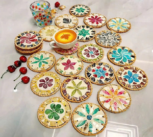 Posavasos redondo de cerámica con esmalte de vidrio de colores y Marco de ratán blanco, taza de té, alfombrillas para aperitivos, almohadillas para bebidas - Product Image 3