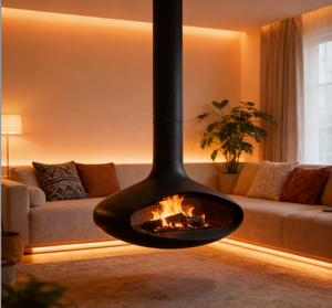 Stufa a Legna Sospesa con Fiamma Reale, Caminetto <span class=keywords><strong>Moderno</strong></span> per Hotel, Villa, Appartamento, Soggiorno, Riscaldatore Potente da 50m³ ad Alte Prestazioni - Product Image 1