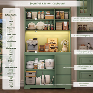Meuble de rangement autoportant moderne vert OEM pour micro-ondes et station café, avec double porte vitrée, armoire haute de salle à manger avec tiroirs - Product Image 6