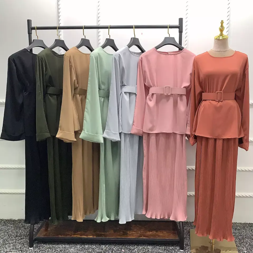 Conjuntos musulmanes para mujer, ropa islámica, traje de Oriente Medio de moda, Top de manga larga con fajas y Falda plisada, conjunto de 2 piezas modesto